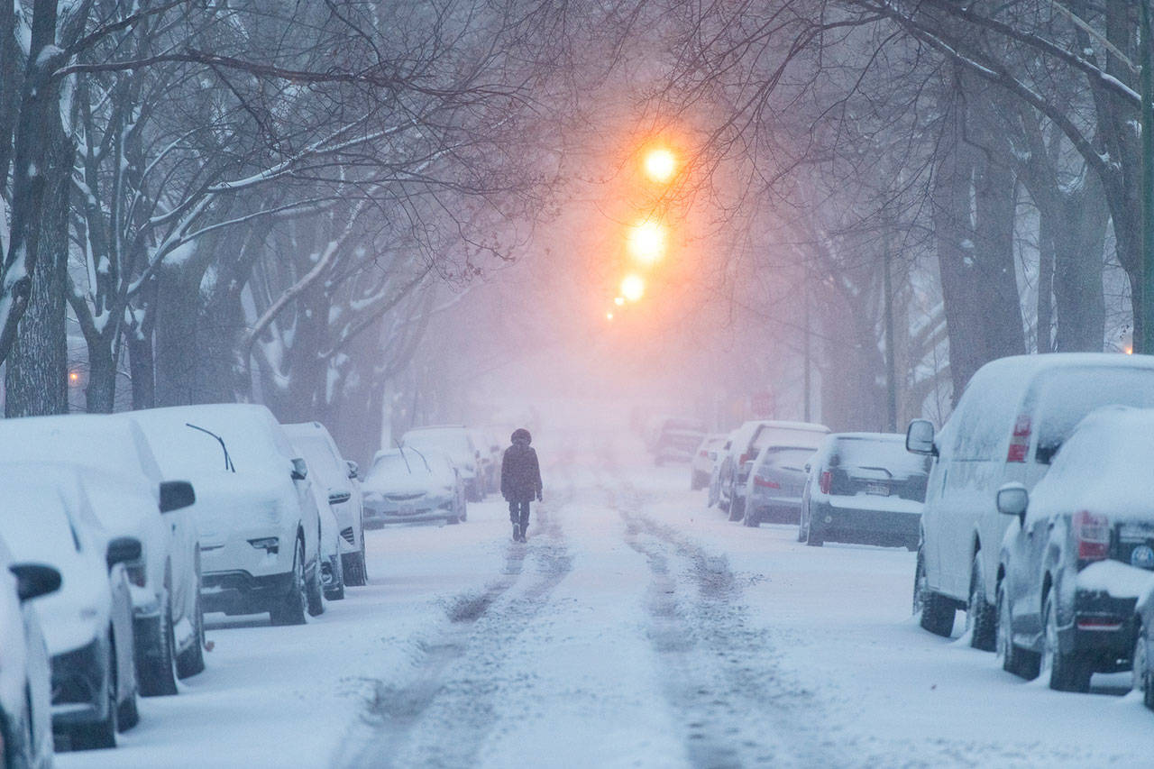 A woman walks down Glenlake Avenue on Saturday toward North Clark Street as a winter storm batters Chicago. (Tyler LaRiviere/Chicago Sun-Times via AP)