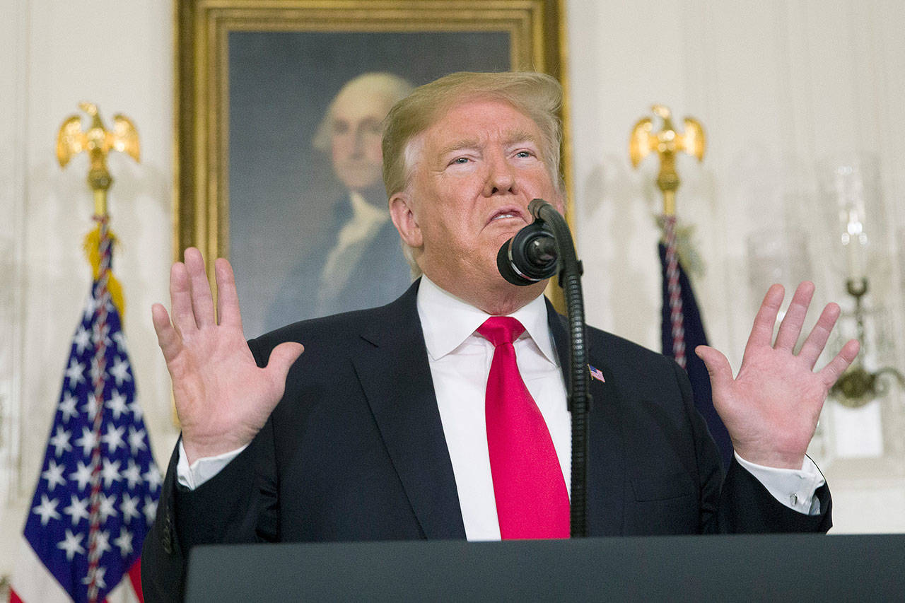 President Donald Trump speaks about the partial government shutdown, immigration and border security in the Diplomatic Reception Room of the White House on Saturday. (AP Photo/Alex Brandon)