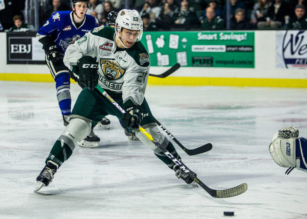 Silvertips’ Zack Andrusiak takes a shot on goal during the game against the Victoria Royals on Sunday, Jan. 20, in Everett. (Olivia Vanni / The Herald)
