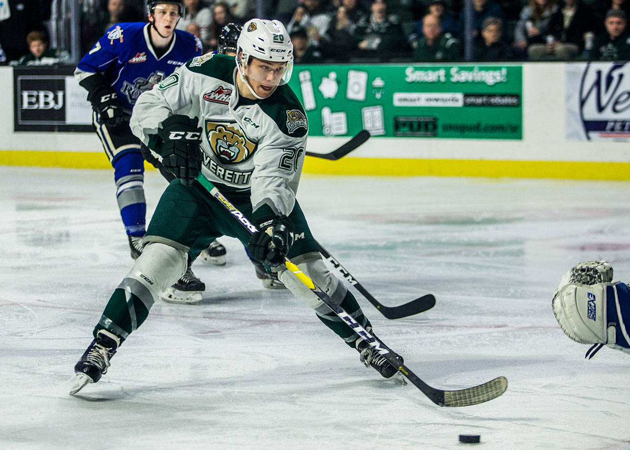 Silvertips’ Zack Andrusiak takes a shot on goal during the game against the Victoria Royals on Sunday, Jan. 20, 2019 in Everett, Wa. (Olivia Vanni / The Herald)