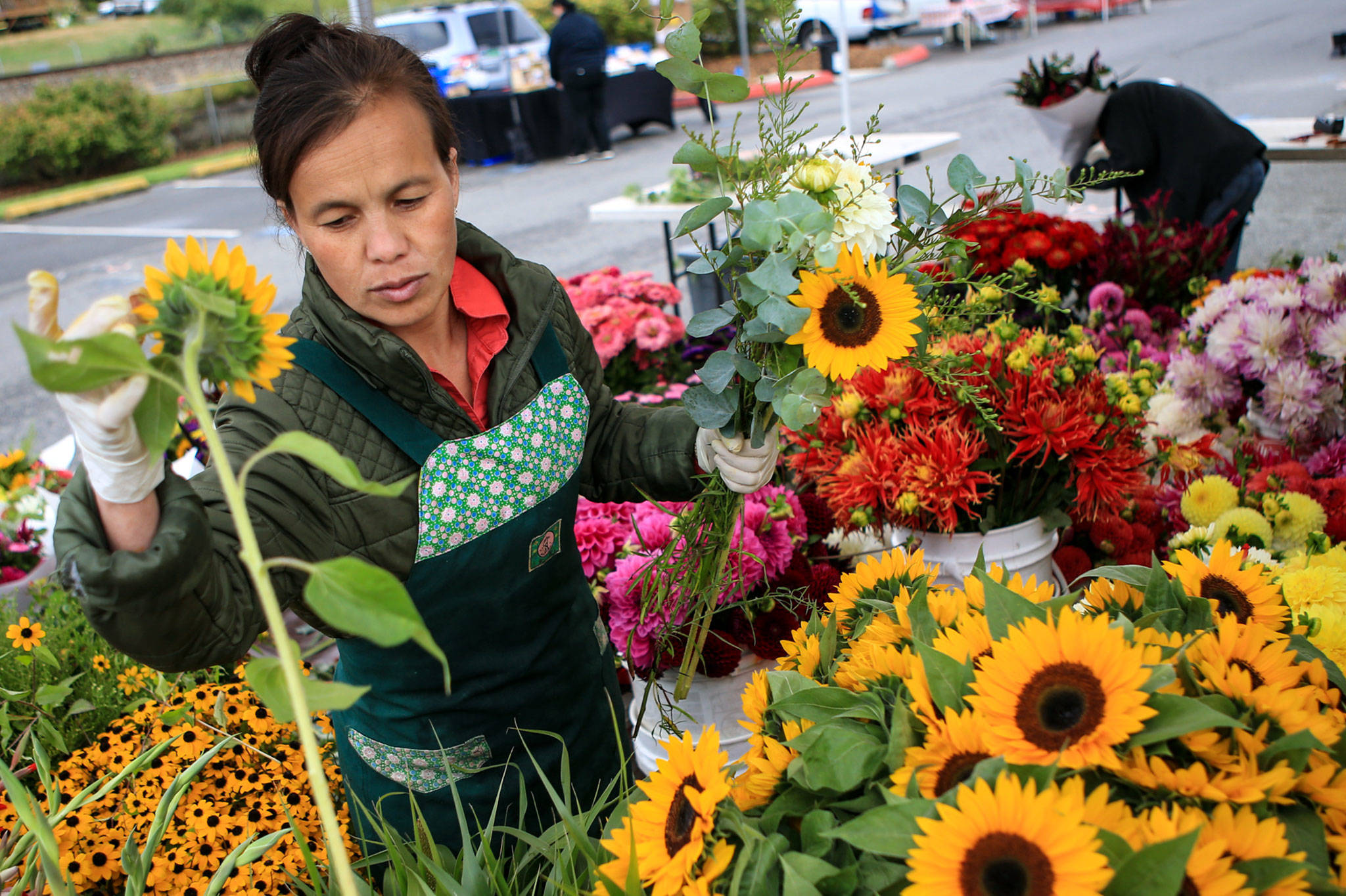 Cho Lee gathers flowers for arrangements before the opening of the Mukilteo Farmers Market at Mukilteo Lighthouse Park in 2016. (Kevin Clark / Herald file)