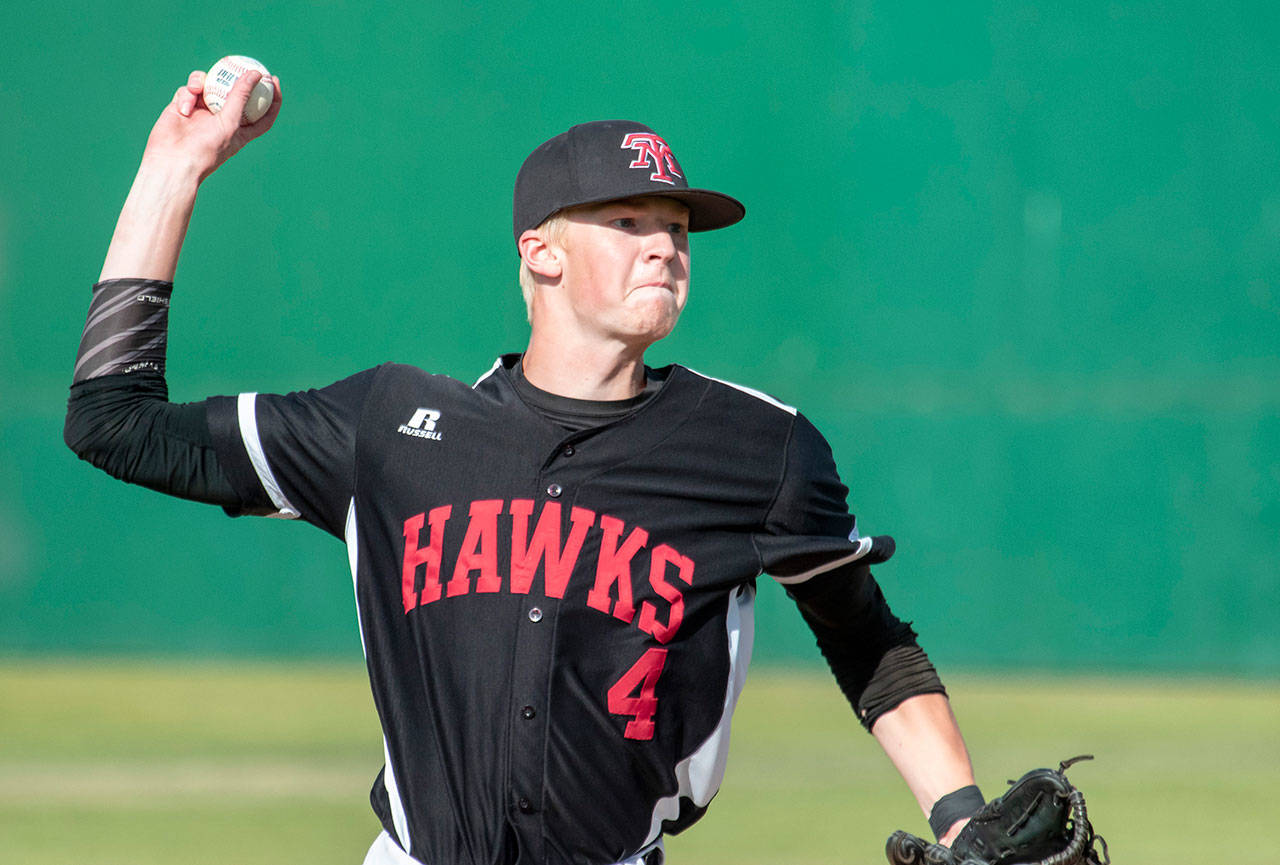 Mountlake Terrace’s Kendall Yackley pitches to an Ellensburg hitter during the 2A state baseball championship game on May 26, 2018, in Yakima. (TJ Mullinax / For The Herald)
