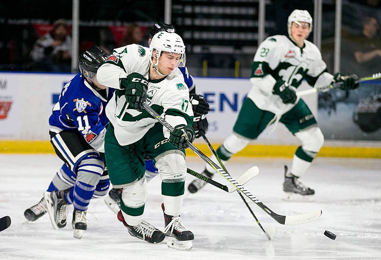 The Silvertips’ Matt Fonteyne controls the puck with Victoria’s Matthew Phillips giving chase during a game on Jan. 7, 2018, at Angel of the Winds Arena in Everett. (Kevin Clark / The Daily Herald)