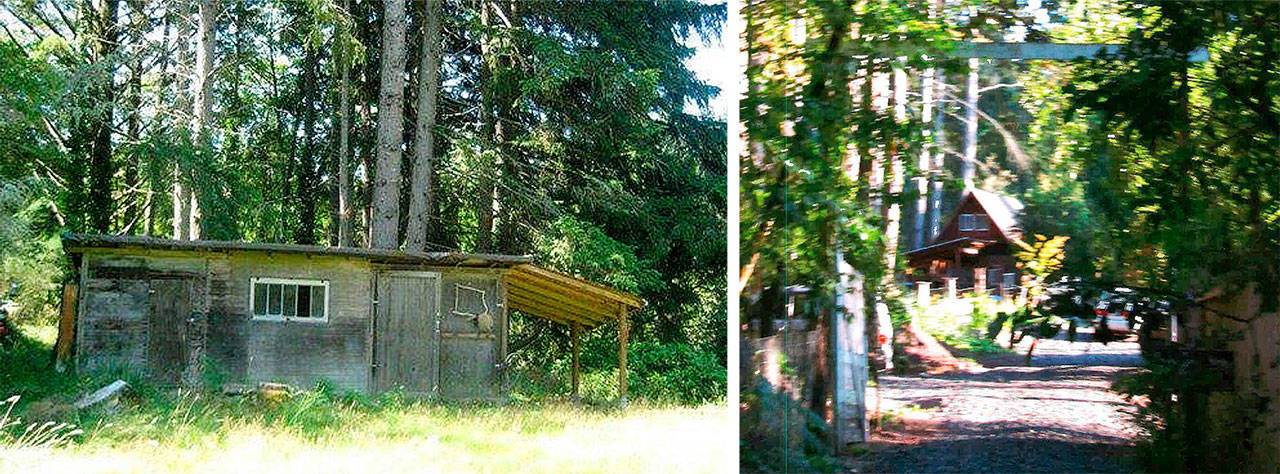 The shed/well house is seen (left) on Councilwoman Rasham Nassar’s property before it was rebuilt. The rebuilt structure (right) can be seen on the left side of the driveway. (City of Bainbridge Island)
