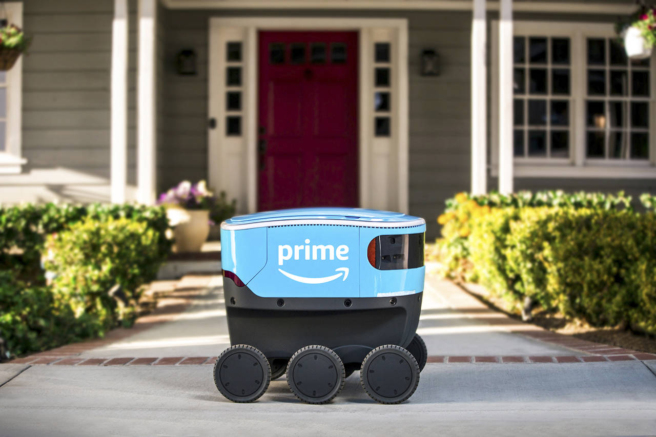 “Amazon Scout” robots were to begin delivering packages to customers in an undisclosed neighborhood in Snohomish County on Wednesday. (Amazon)