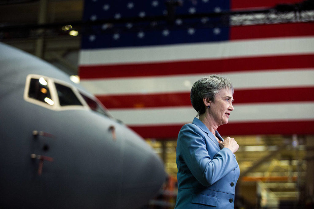 Arriving after KC-46 Pegasus delivery event at Boeing, Heather Wilson, Secretary of the Air Force, checks her mic before a live interview on Thursday, Jan. 24, 2019 in Everett, Wa. (Andy Bronson / The Herald)
Arriving after the KC-46 Pegasus delivery event at the Boeing factory in Everett, Air Force Secretary Heather Wilson checks her mic before a live interview on Thursday. (Andy Bronson / The Herald)
