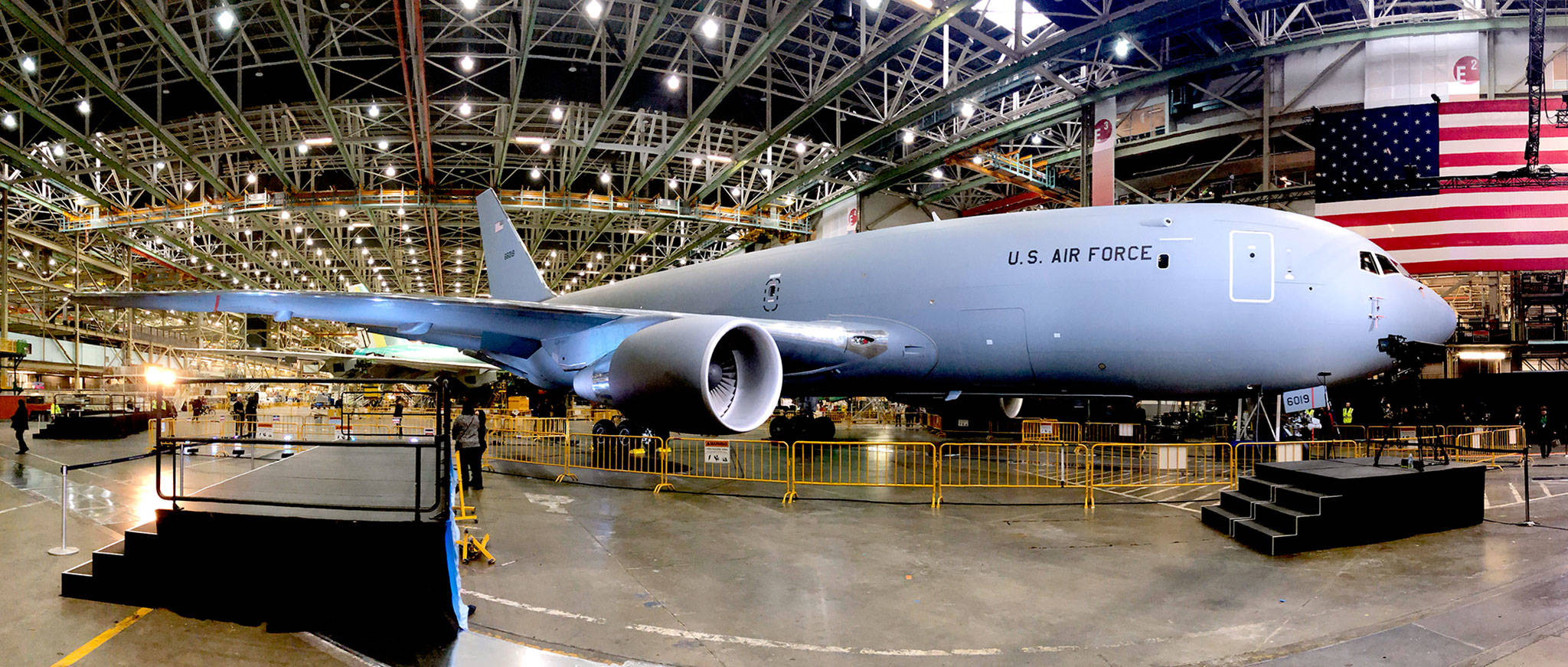 One of the first two Boeing KC-46 Pegasus aerial-refueling tankers inside the Boeing factory at Paine Field in Everett on Thursday. (Andy Bronson / The Herald)