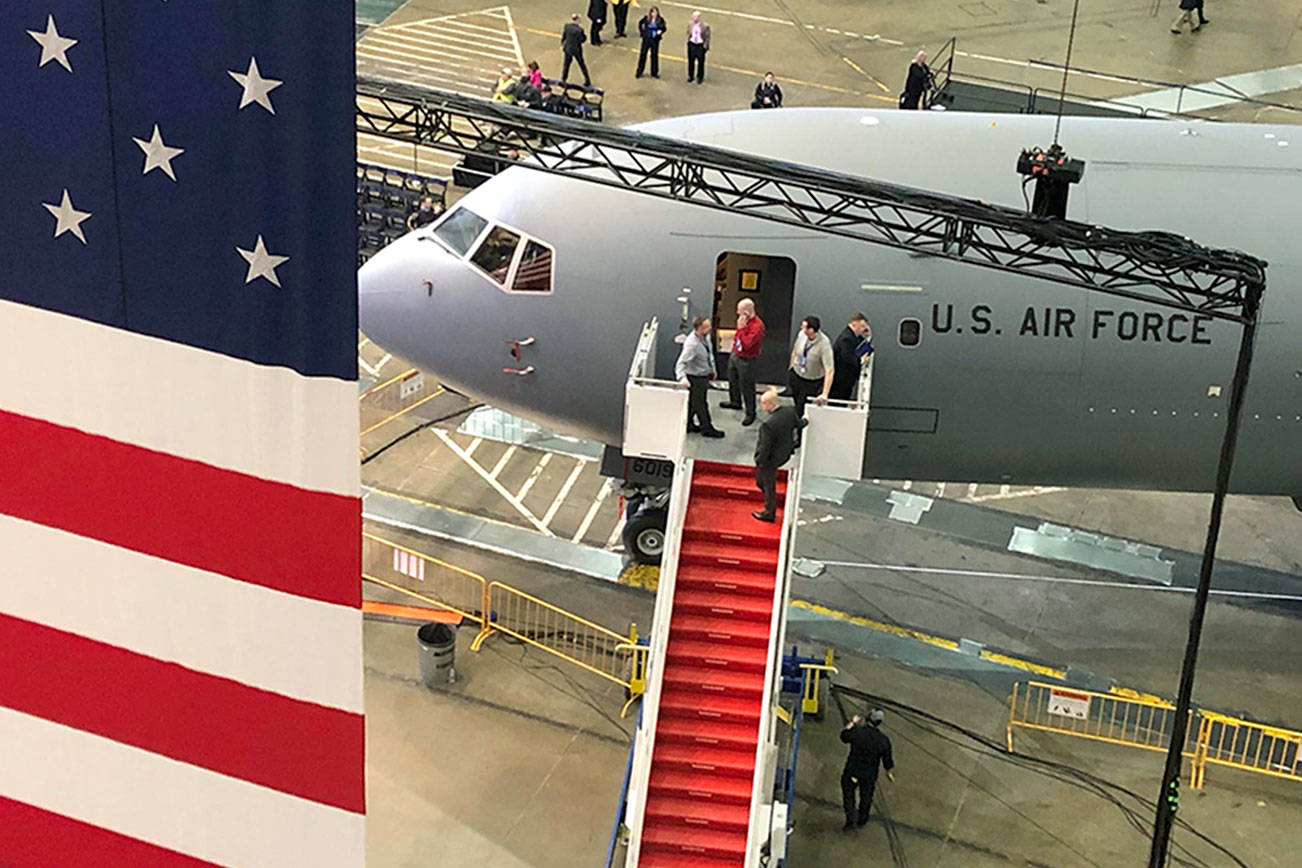 Andy Bronson / The Herald                                The first of two KC-46 Pegasus tankers to be delivered to the U.S. Air Force is readied for a ceremony Thursday inside the main Boeing plant at Paine Field in Everett.