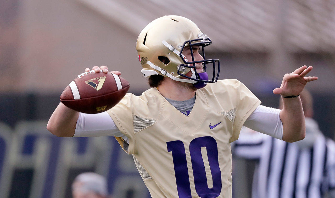 Former Lake Stevens High School standout Jacob Eason is expected to be the Huskies’ starting quarterback in 2019. (AP Photo/Elaine Thompson)