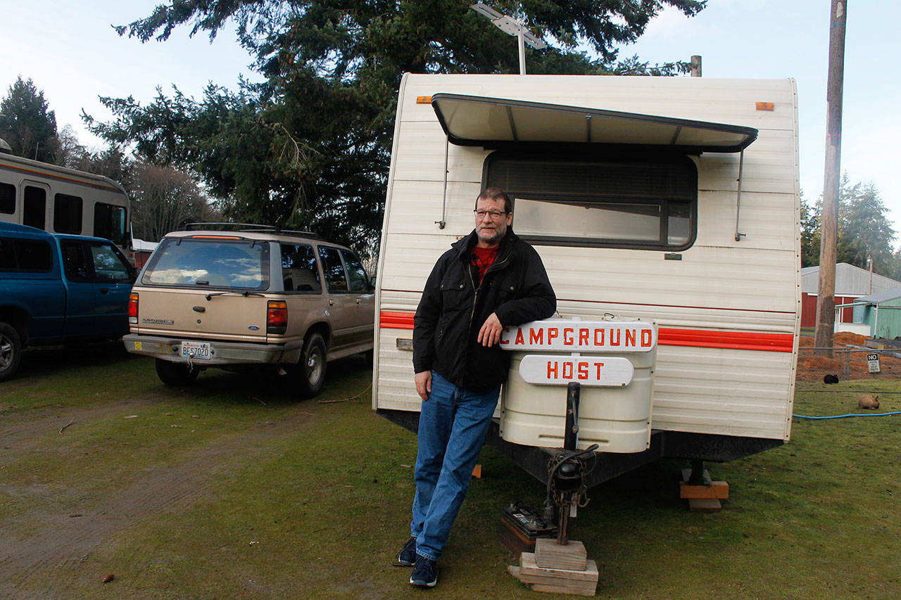 Ben Wooldridge is back as campground host at Island County Fairgrounds after surviving a fire that destroyed his motor home. He lives in a new trailer given to him by a friend. (Patricia Guthrie / Whidbey New Group)