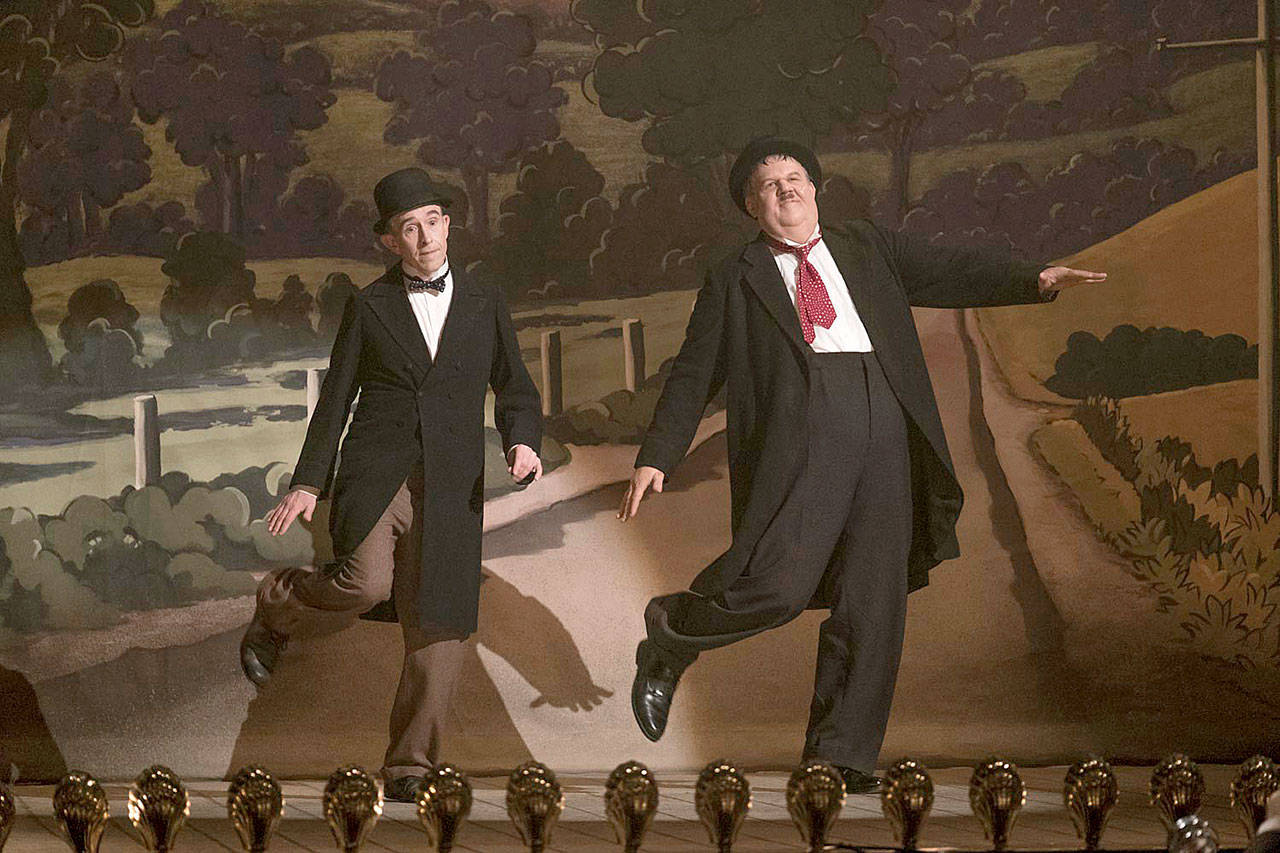 Steve Coogan, left, as Stan Laurel, and John C. Reilly as Oliver Hardy in “Stan Ollie.” (Nick Wall/Sony Pictures Classics)