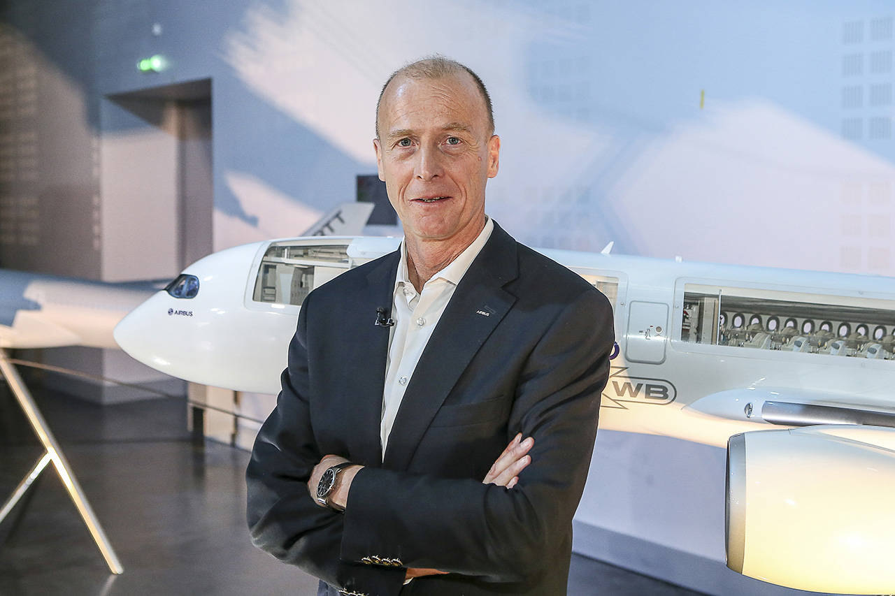 In this 2018 photo, Airbus CEO Tom Enders poses for photographers after the Airbus Group press conference on the 2017 annual results in Toulouse, France. The chief executive of Airbus has warned it could move its UK operations out of the country in the event there is a departure from the European Union without a deal. (AP Photo/Fred Scheiber, file)