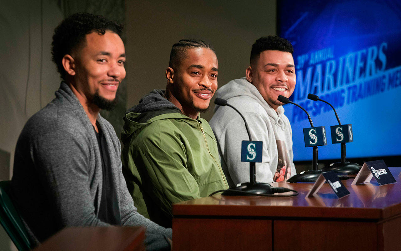 New Mariners players JP Crawford (left), Mallex Smith (center) and Justus Sheffield meet the media during the team’s annual pre-spring training event on Jan. 24, 2019 in Seattle. (Steve Ringman / The Seattle Times)