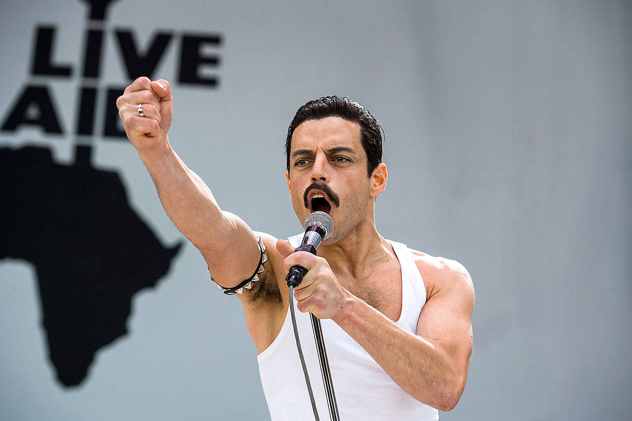 Rami Malek sports fake teeth and a prosthetic nose in “Bohemian Rhapsody.” (Alex Bailey / Twentieth Century Fox)