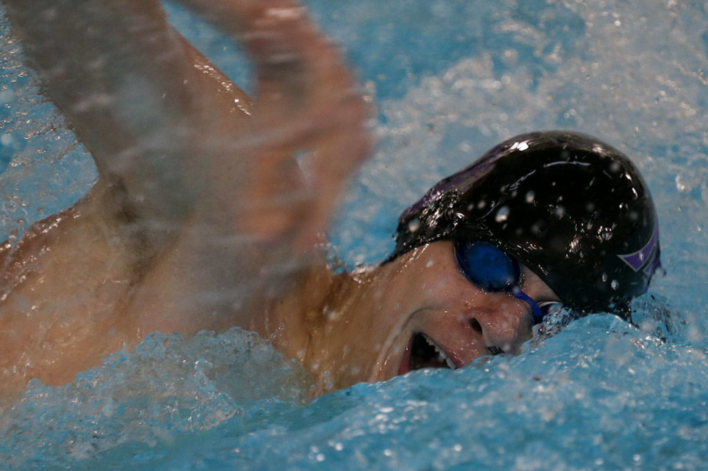 Kamiak sophomore Slava Gilszmer won the 200-yard freestyle during the Knights’ 107-63 dual-meet victory over Jackson on Thursday at WEST Coast Aquatics in Mill Creek. (Kevin Clark / The Herald)
