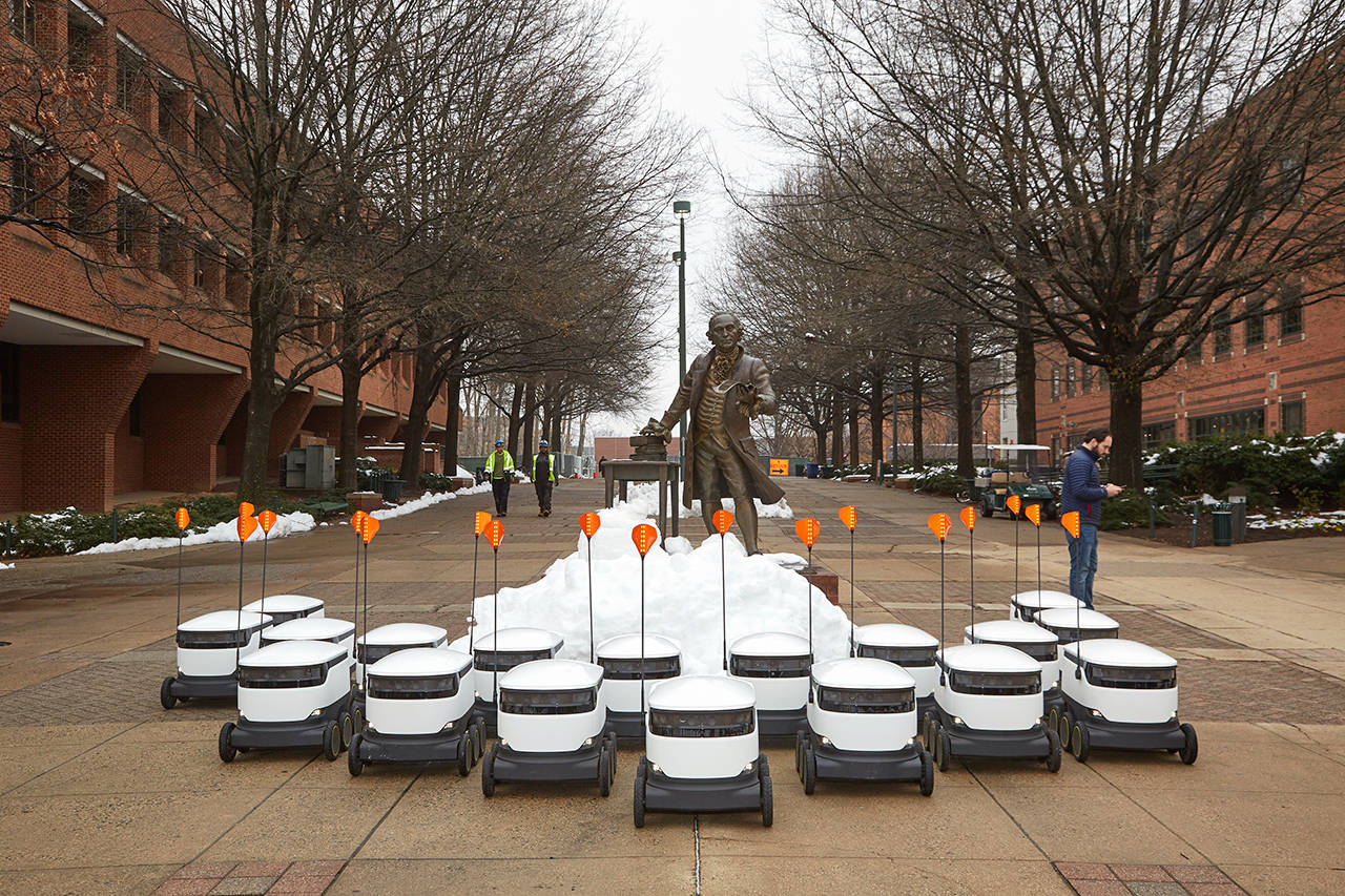 Georgia Mason University in Fairfax, Virginia, has received a fleet of 25 delivery robots that can haul up to 20 pounds each as they roll across campus at 10 miles per hour, according to Starship Technologies. (Jeff Elkins/Starship Technologies)