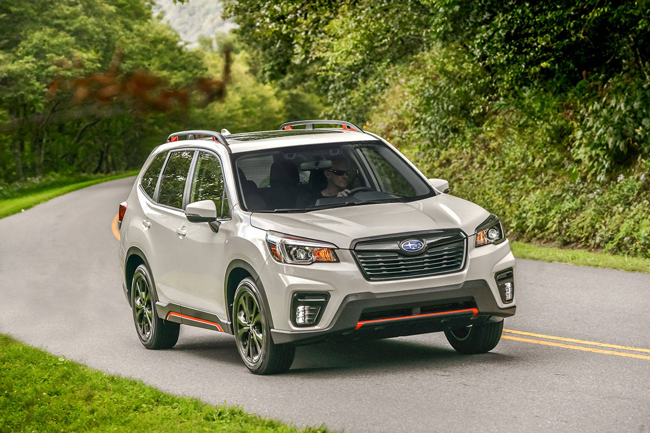 The 2019 Forester compact SUV has several styling updates but is still well within the scope of easy recognition as a Subaru. The new Sport trim is shown here. (Manufacturer photo)