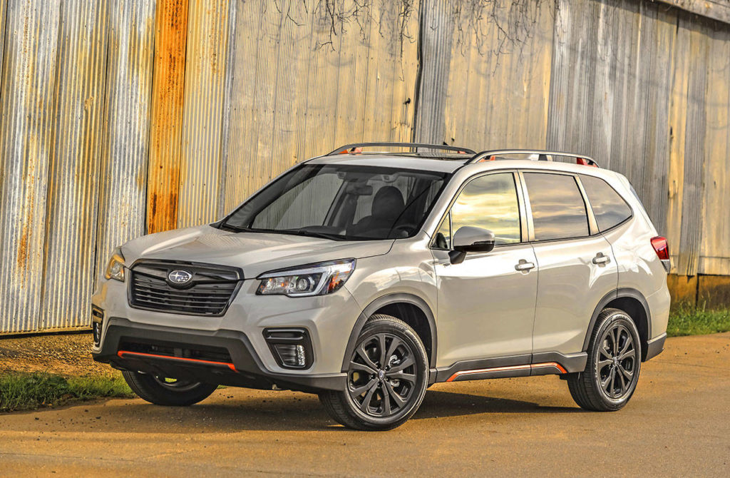 The Subaru Forester Sport, a new model for 2019, has exclusive appearance features including orange accents and black 18-inch alloy wheels. (Manufacturer photo)
