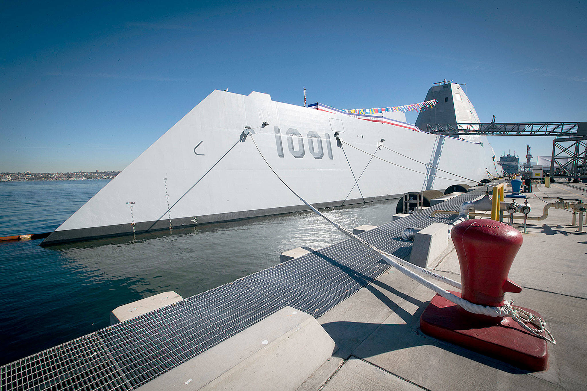 The Michael Monsoor, a Zumwalt-class destroyer, is docked in the San Diego Harbor at Naval Air Station North Island. (Allen J. Schaben / Los Angeles Times / TNS)