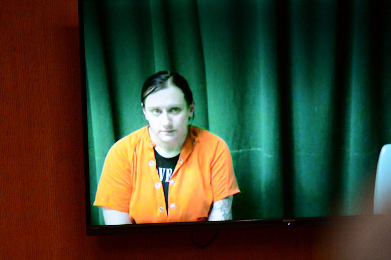 Kallie Ann Letellier, 34, appears via video in Clallam County Superior Court on Jan. 28. She remained held in the Clallam County jail for investigation of three counts of first-degree murder. (Jesse Major / Peninsula Daily News)
