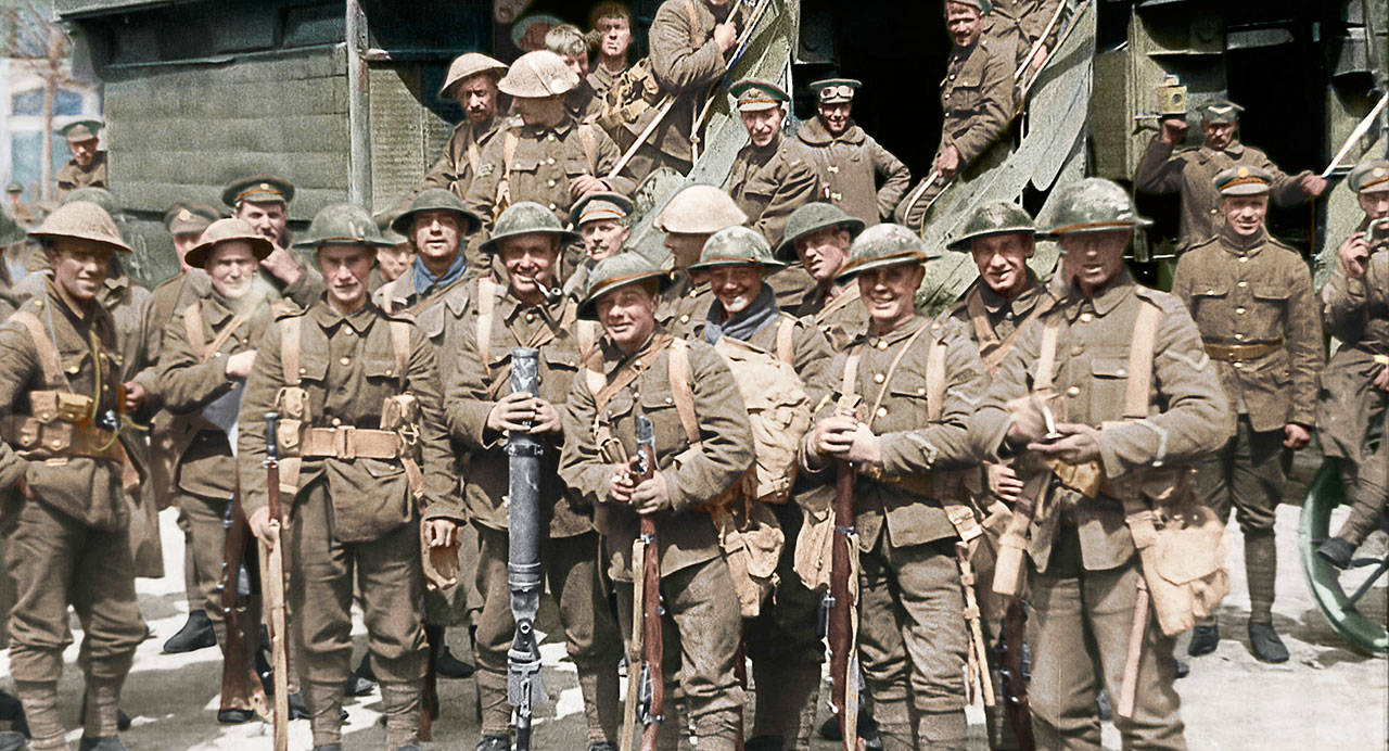 A group of British infantrymen in “They Shall Not Grow Old,” a documentary that’s a major accomplishment of technology and of storytelling. (Warner Bros. Pictures)