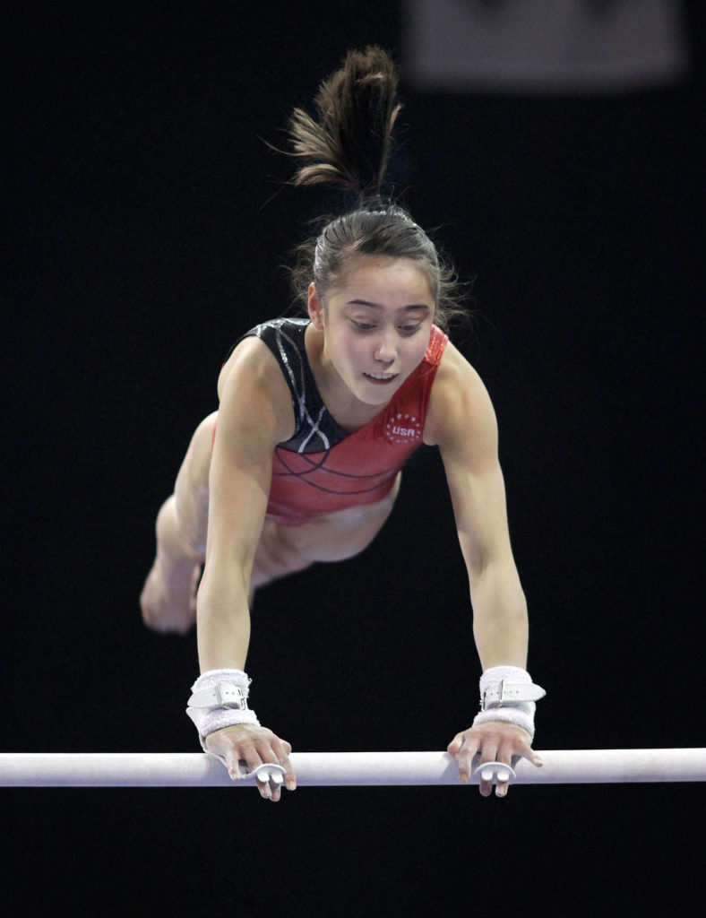 Katelyn Ohashi of USA gymnastics practices on the uneven bars March 12, 2012, during a practice session for the Kellogg’s Pacific Rim Gymnastics Championships at Xfinity Arena in Everett. (Michael O’Leary/The Herald)

