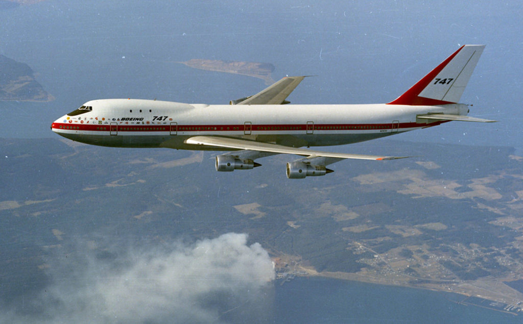 The first Boeing 747 during its first flight on Feb. 9, 1969. (Boeing Co.) 
