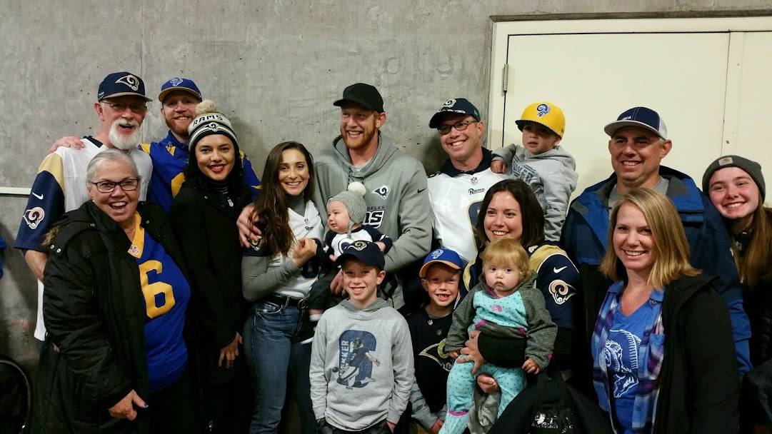 Johnny Hekker (middle in blue hat and gray sweatshirt) with most of his family at the Rams/Seahawks game in 2018. (Joy Hekker)