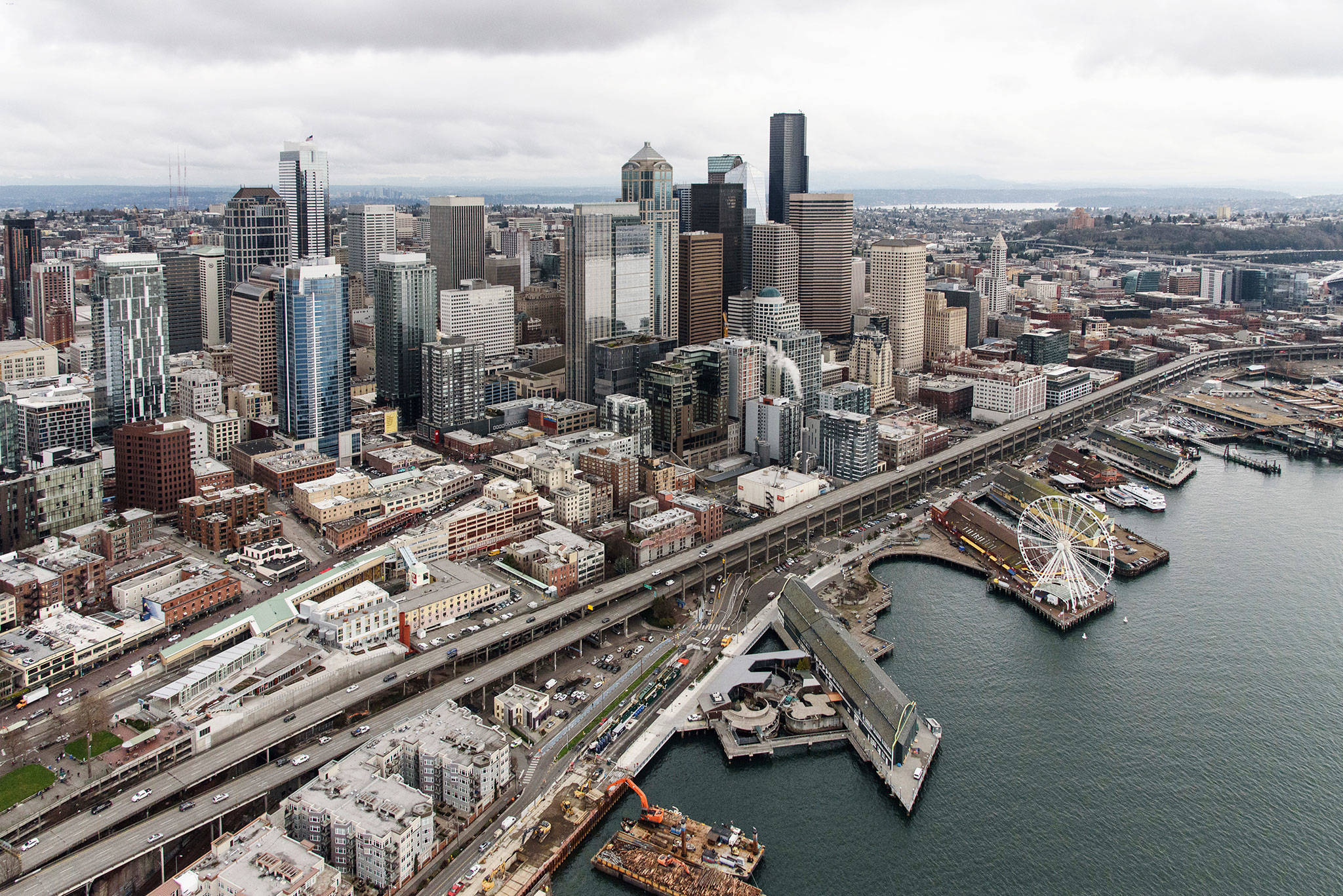 An aerial view of the Alaskan Way Viaduct and downtown Seattle in 2018. The viaduct has been closed and is being replaced by a two-mile double-decker traffic tunnel. (Washington State Department of Transportation)