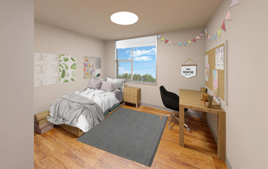 A rendering of a typical unit at the Cocoon House’s new building on Colby Avenue in Everett. (Cocoon House)
