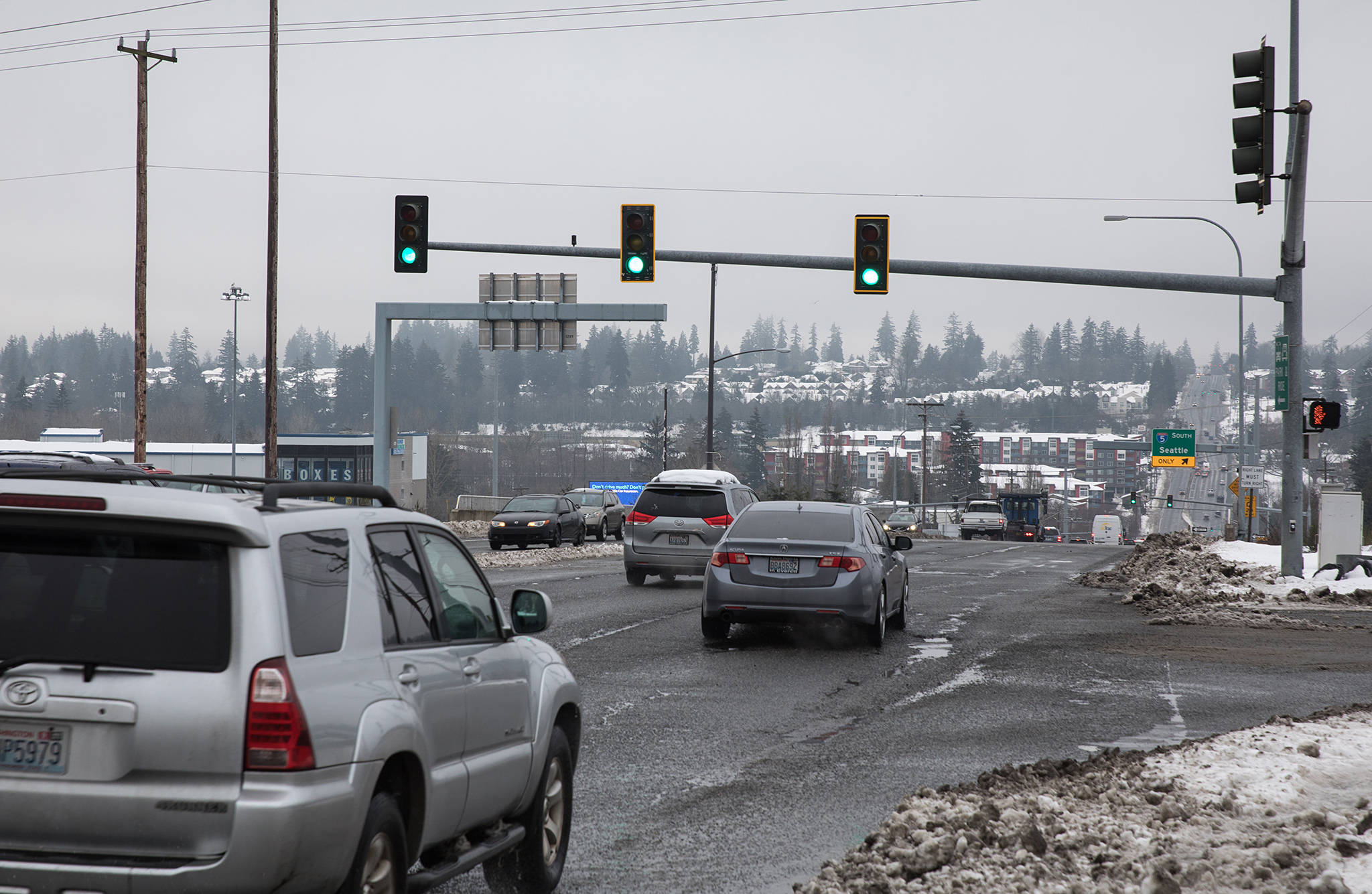 Vehicles exiting I-5 compete for space with the traffic on 164th Street SW often causing congestion even during non-rush hour times. (Lizz Giordano / The Herald)