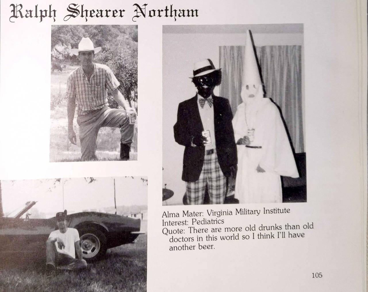 Ralph Northam’s page in the 1984 yearbook of Eastern Virginia Medical School shows two people wearing blackface and a KKK costume. (Obtained by The Washington Post)