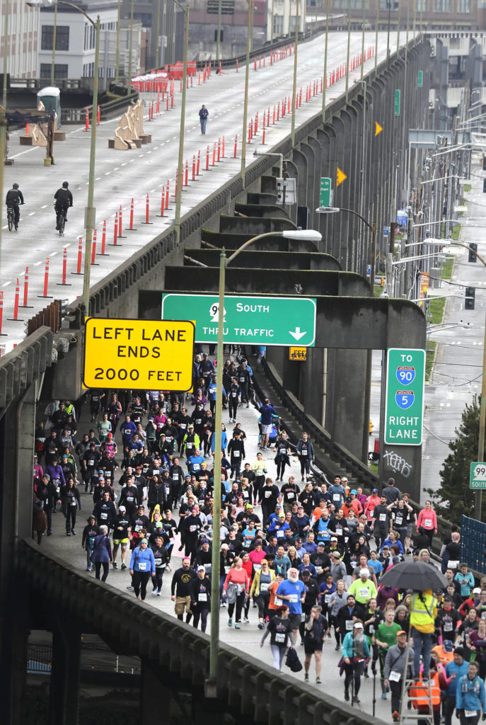 Seattle has begun a three-day goodbye party for the aging, double-decker viaduct. (AP Photo/Ted S. Warren)
