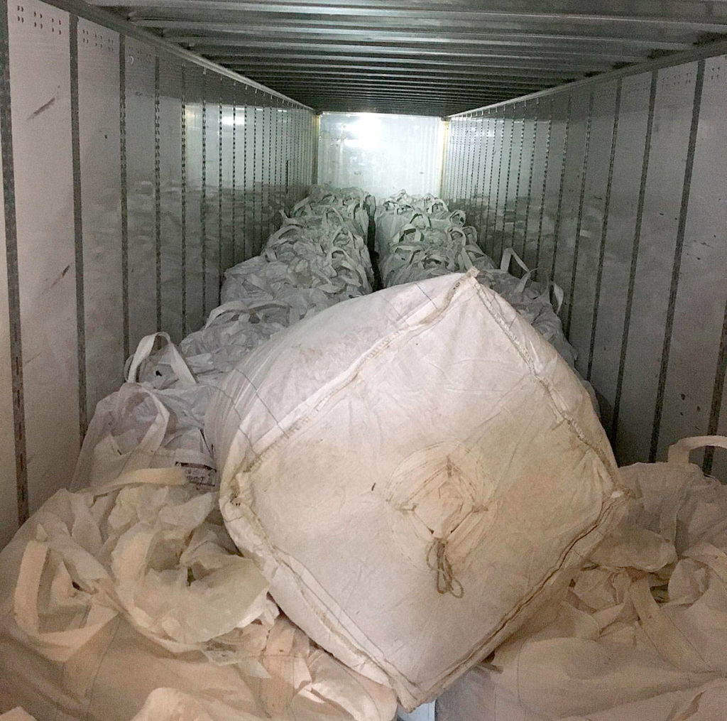 In this Jan. 24, 2019, photo provided by Idaho State Police authorities seized nearly 7,000 pounds of cannabis from a truck headed to Colorado that was stopped for a random, routine commercial safety vehicle inspection between Boise and Mountain Home, Idaho. Authorities who stopped the truck said it was filled with marijuana, but Big Sky Scientific LLC, which was shipping the product to Colorado, said in the lawsuit that it’s industrial hemp, which is now legal under the recently passed U.S. Farm Bill. The Idaho State Police has sent a sample of the product to a lab for testing. (Idaho State Police via AP)
