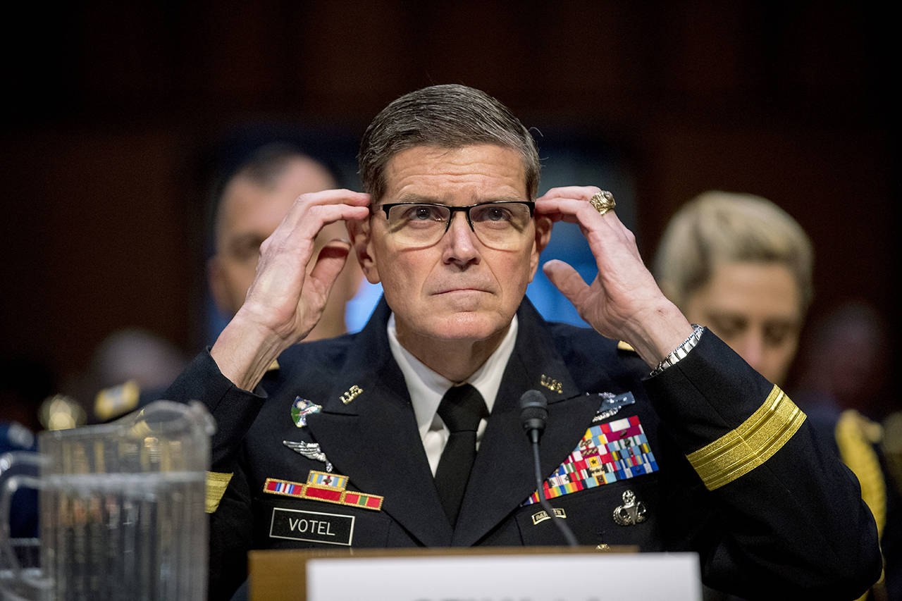 U.S. Central Command Commander Gen. Joseph Votel testifies before a Senate Armed Services Committee hearing on Capitol Hill on Tuesday in Washington. (AP Photo/Andrew Harnik)