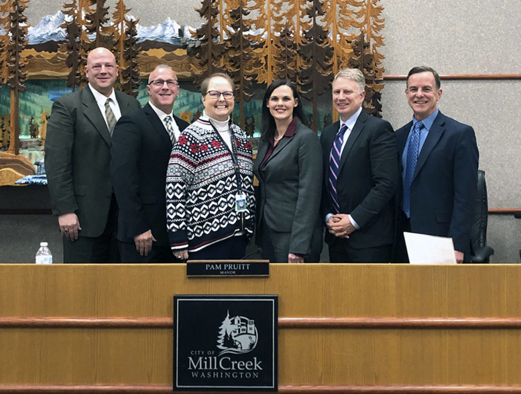 The Mill Creek City Council (from left): Mark Bond, Vince Cavaleri, Mayor Pam Pruitt, Stephanie Vignal, Brian Holtzclaw and Mike Todd.
