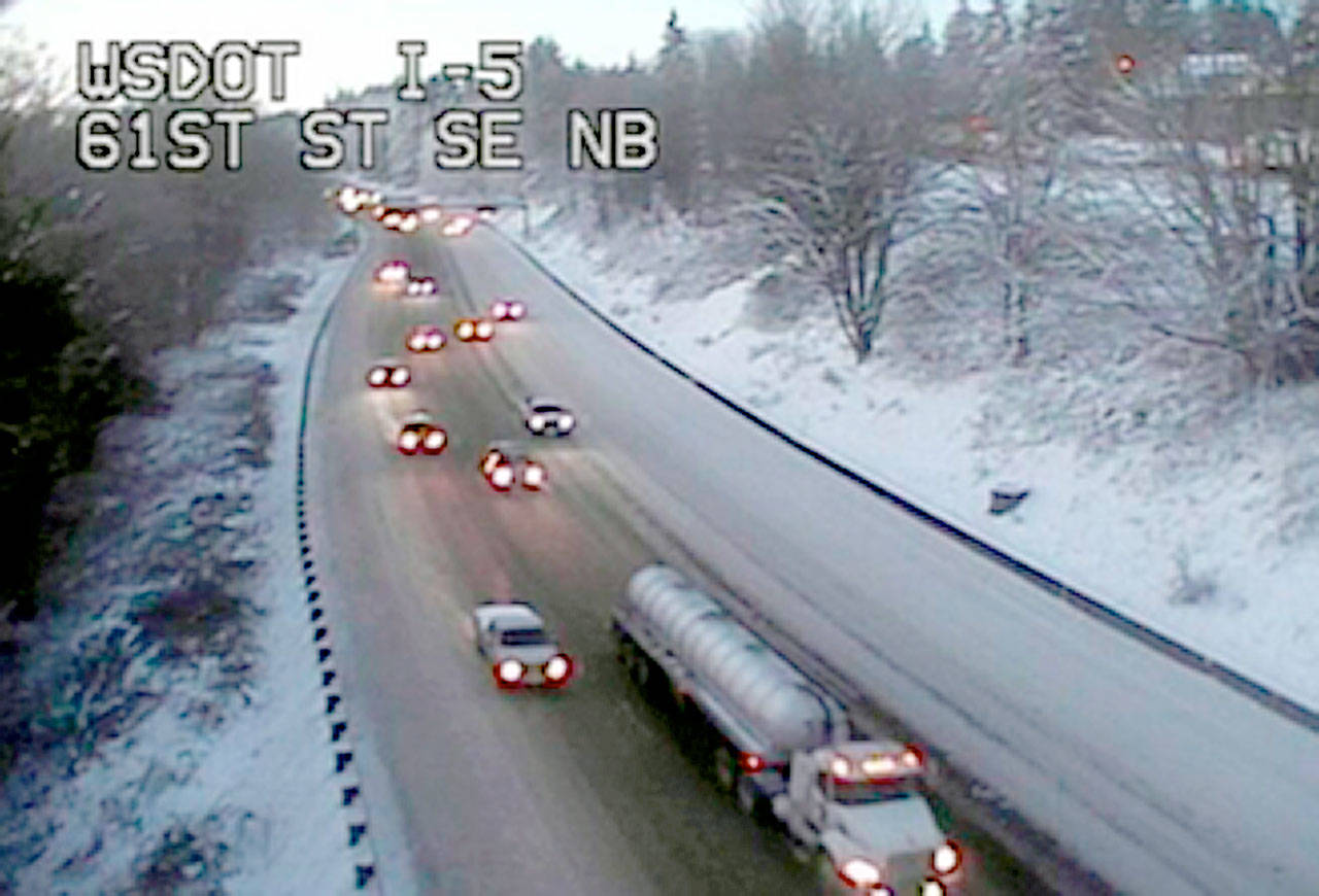 Some 24 hours after this week’s snowfall, I-5 in south Everett was still snowy and icy. This image is from Tuesday at 7:15 a.m. (Washington State Department of Transportation)