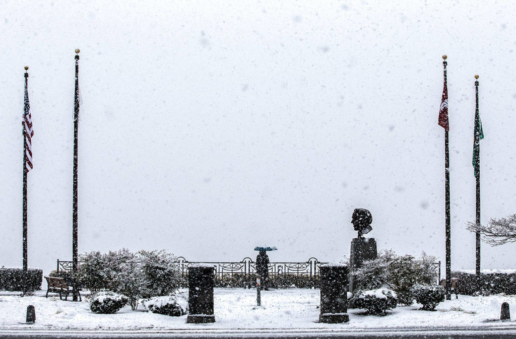 Cheryl Meier stands under her umbrella enjoying the snow at Grand Avenue Park on Friday in Everett. (Olivia Vanni / The Herald)
