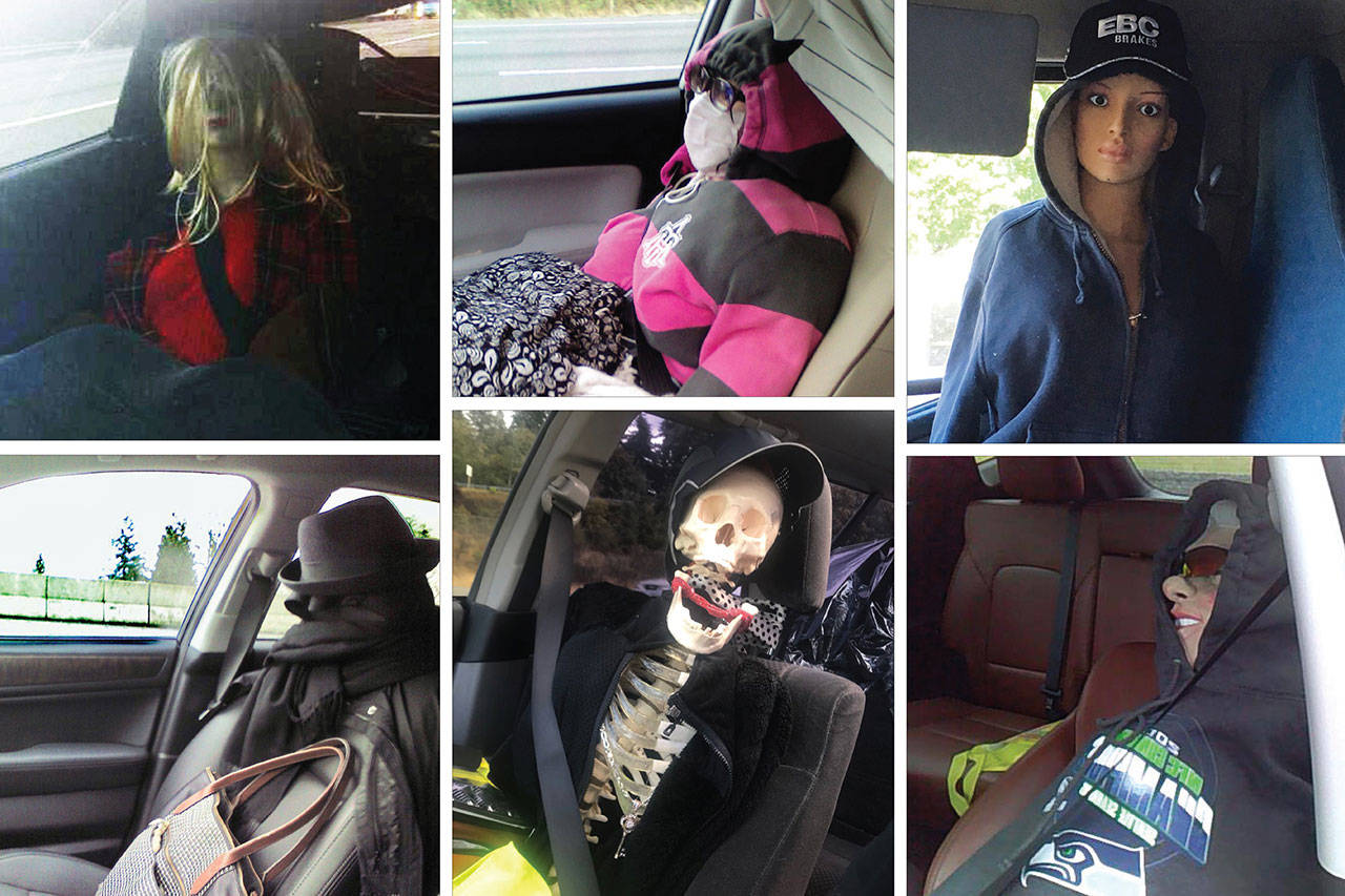 Some drivers get creative pretending they are eligible to use the HOV lanes by putting a dummy in the passenger seat. These photos show a few of the “passengers” confronted by Washington State Patrol troopers in the past few years. (Washington State Patrol)