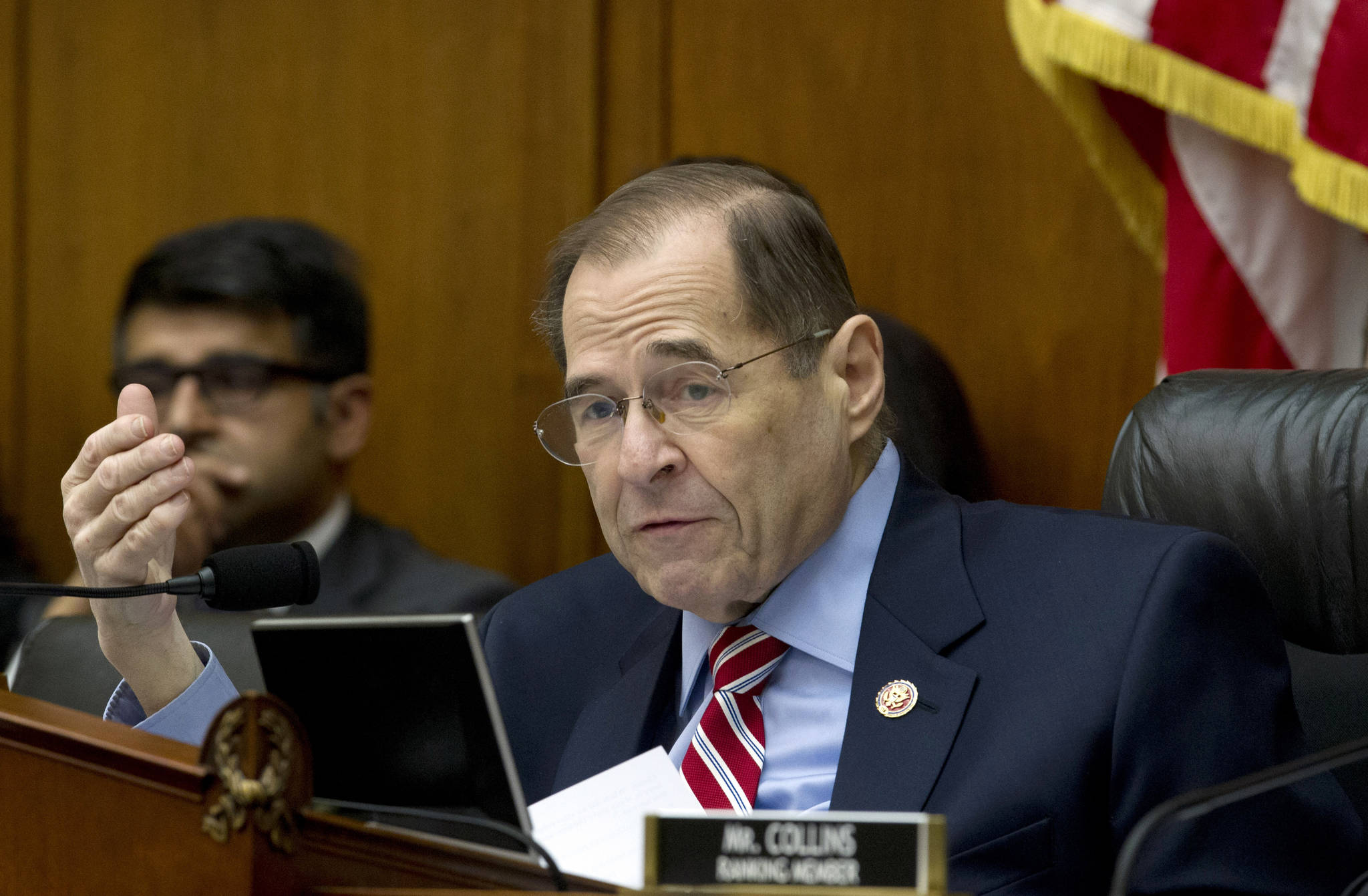 House Judiciary Committee Chairman Rep. Jerrold Nadler speaks during a House Judiciary Committee debate to subpoena Acting Attorney General Matthew Whitaker, on Capitol Hill on Thursday. (AP Photo/Jose Luis Magana)