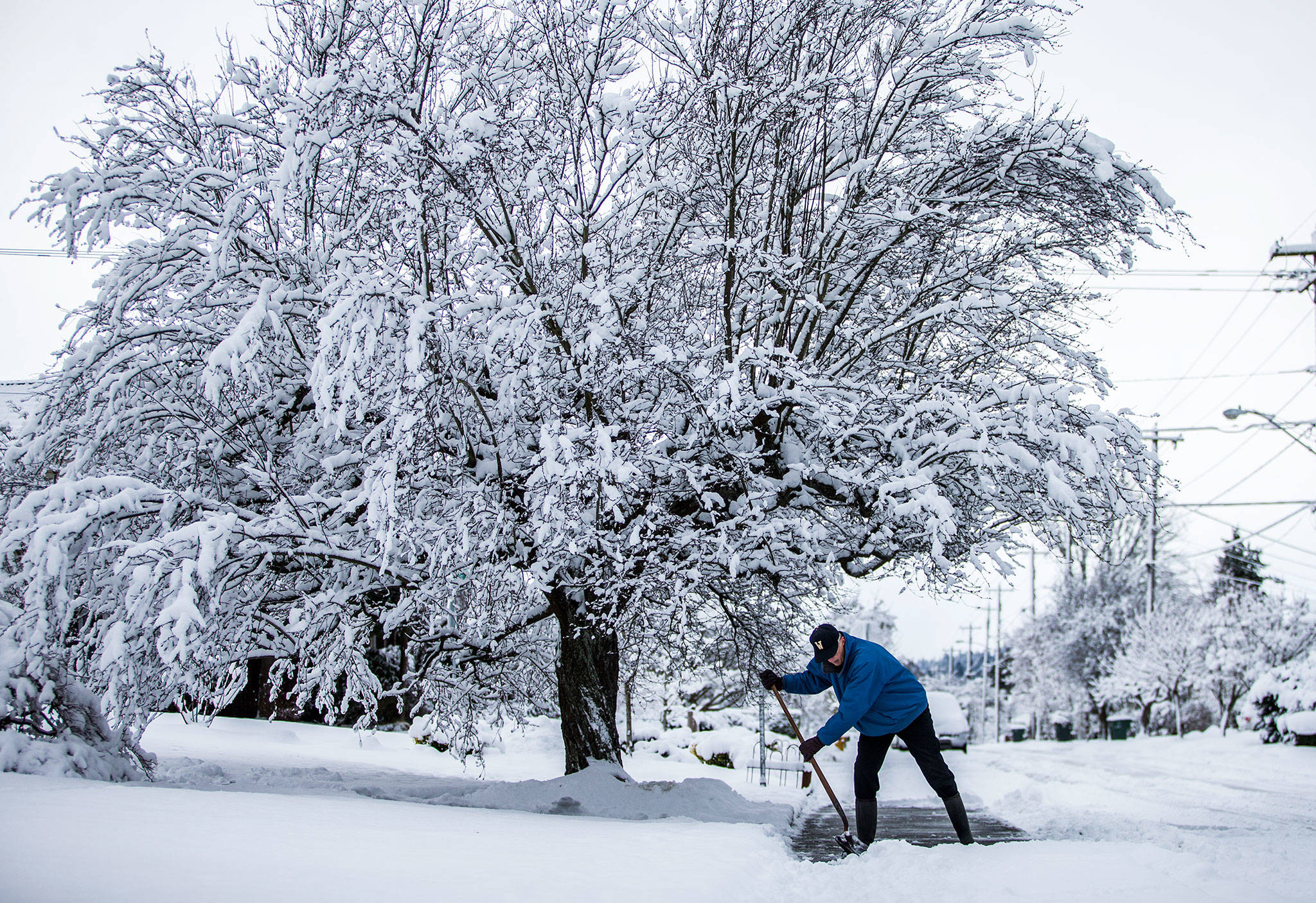John Galt shovels the sidewalk in front of his home on Grand Avenue in Everett on Saturday. (Olivia Vanni / The Herald)