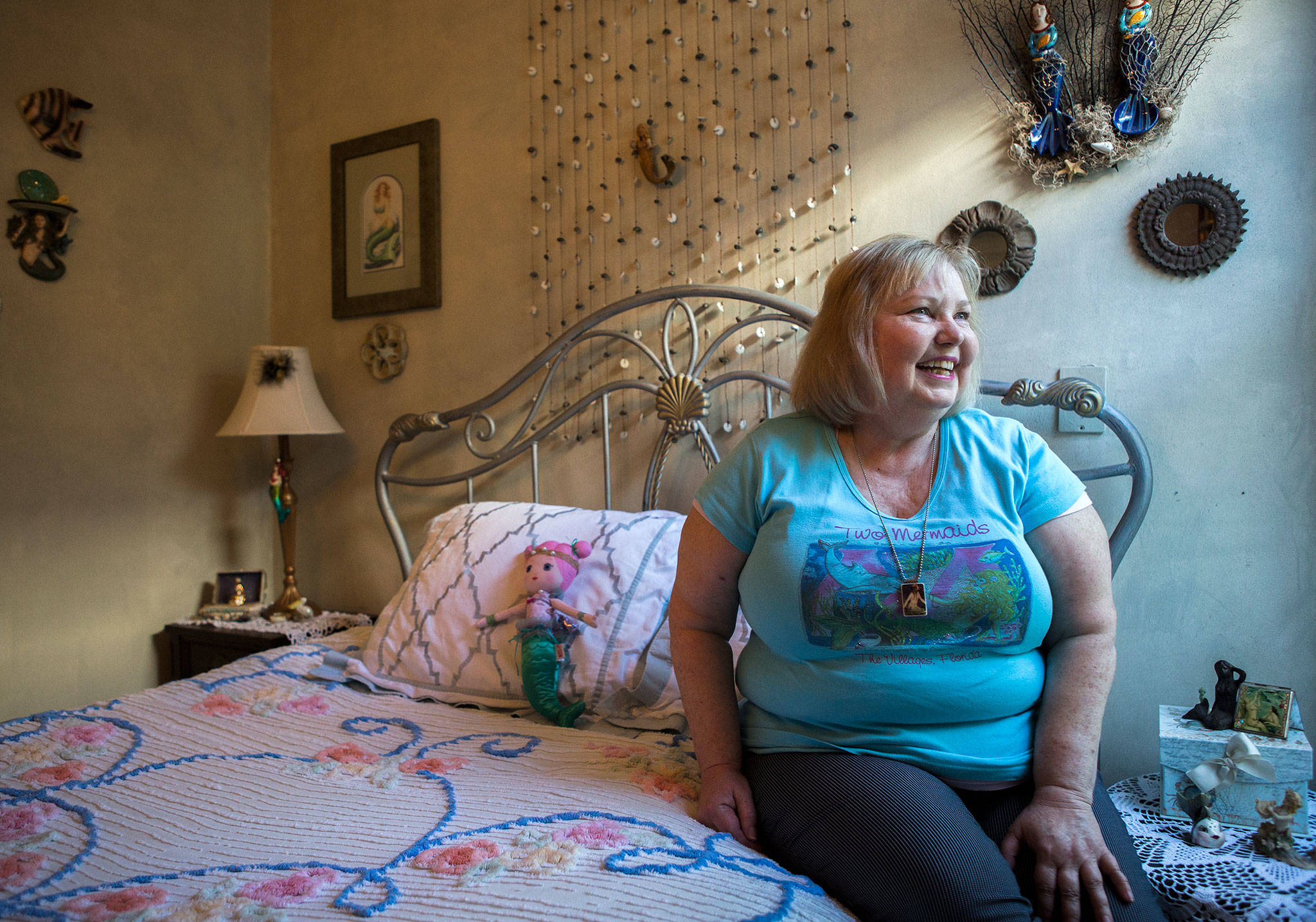 Melissa Strash in her mermaid-themed bedroom at her home in Everett. (Olivia Vanni / The Herald)
