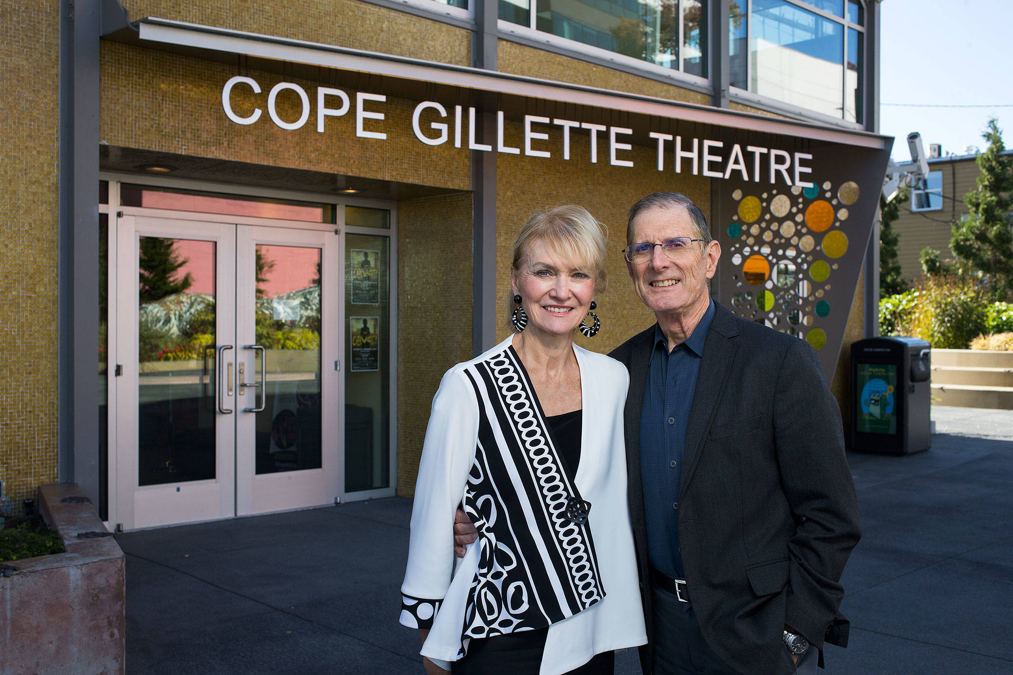 Saundra Cope and Walt Gillette, seen in front of the downtown Everett building, housing Village Theatre, that bears their names. Theyve received the Richard Wendt Award of Excellence for the support of the arts. (Andy Bronson / Herald file)