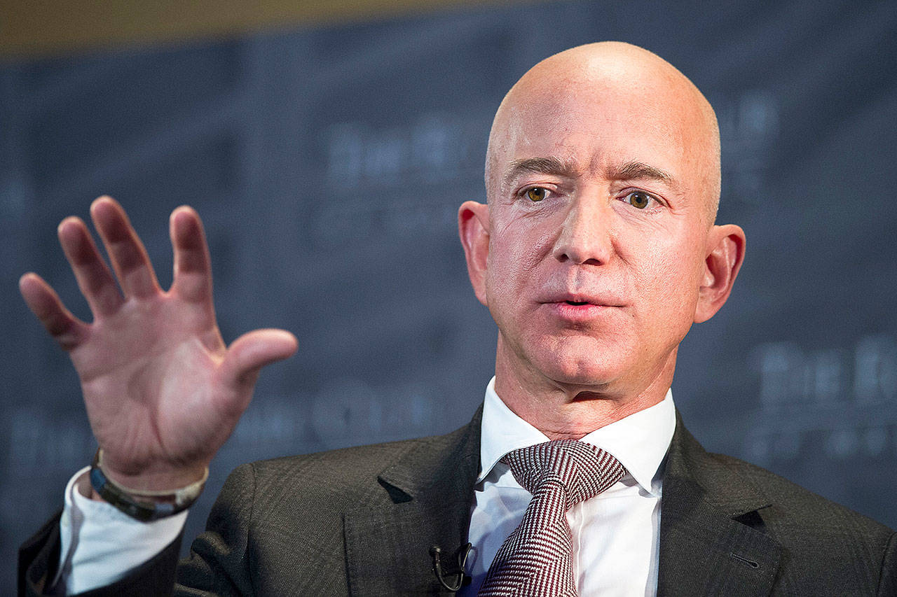 Jeff Bezos, Amazon founder and CEO, speaks at The Economic Club of Washington on Sept. 13 in Washington, D.C. (AP Photo/Cliff Owen, File)