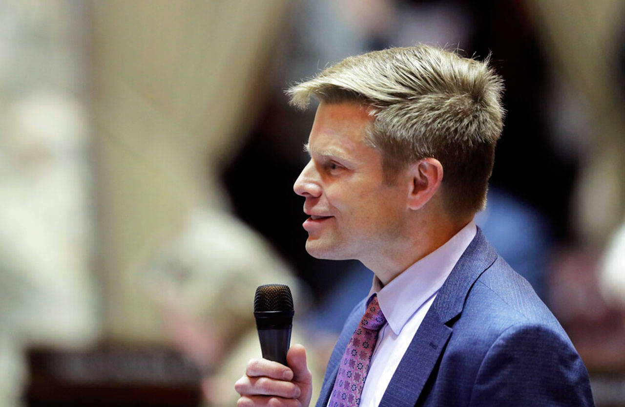 State Sen. Jamie Pedersen, D-Seattle, speaks on the Senate floor in Olympia, Jan. 30. Pedersen introduced a bill Jan. 31 that he says moves the Legislature toward more transparency — but within limits. The move comes a year after Washington lawmakers tried to exempt themselves from the state’s Public Records Act following a lawsuit filed by a media coalition, led by The Associated Press, who asserted lawmakers were violating the law by not releasing emails, schedules and reports of sexual harassment. (Ted S. Warren/Associated Press)