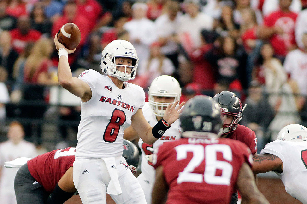 Quarterback Gage Gubrud (8) throws in a game for Eastern Washington against Washington State on Sept. 15, 2018, in Pullman. Gubrud was granted a transfer and will suit up for the Cougars next season. (AP Photo/Young Kwak)