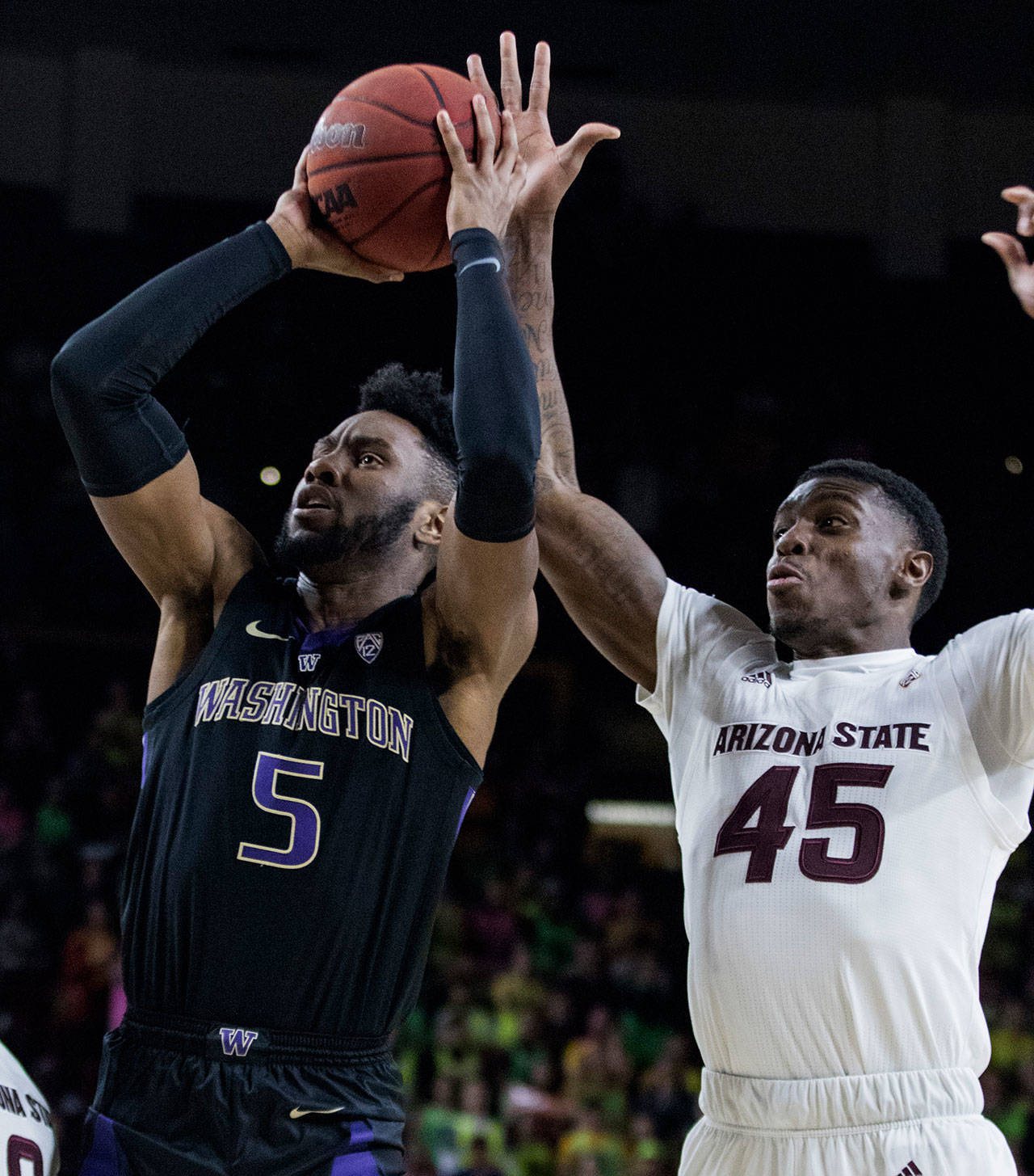 Washington’s Jaylen Nowell (5) puts up a shot against Arizona State’s Zylan Cheatham (45) during the first half of a game on Feb. 9, 2019, in Tempe, Ariz. (AP Photo/Darryl Webb)