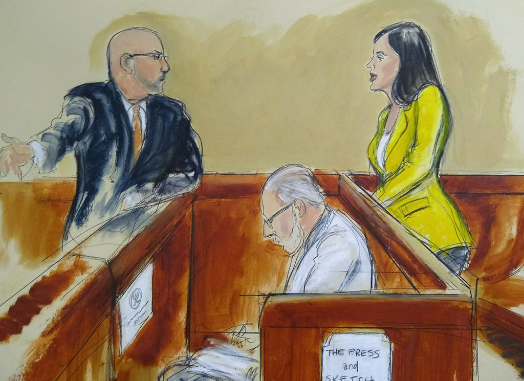 In this courtroom drawing, Emma Coronel Aispuro (right), wife of Joaquin “El Chapo” Guzman, confers with Eduardo Balarezo, Guzman’s lead defense attorney during jury deliberations Feb. 11 in New York. (Elizabeth Williams via AP)
