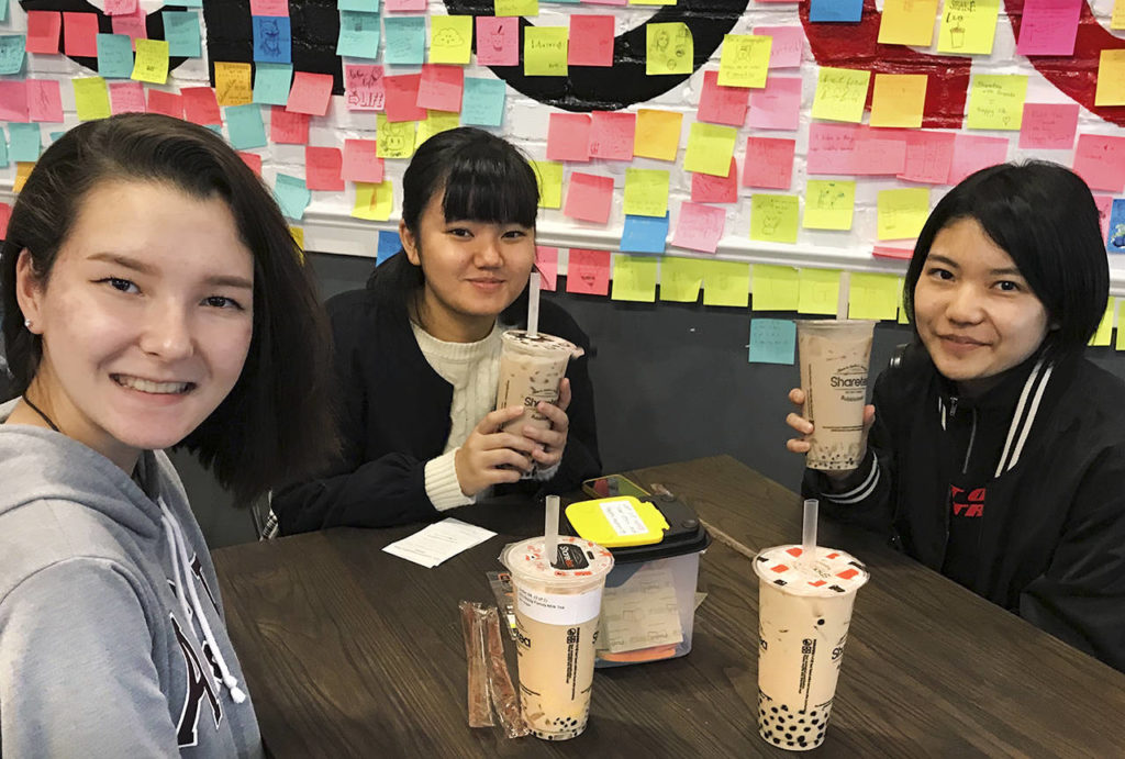Margaret Schroeder (left) with Japanese students Seira Higa and Shinon Takara on their visit to Washington in November. (Submitted photo)
