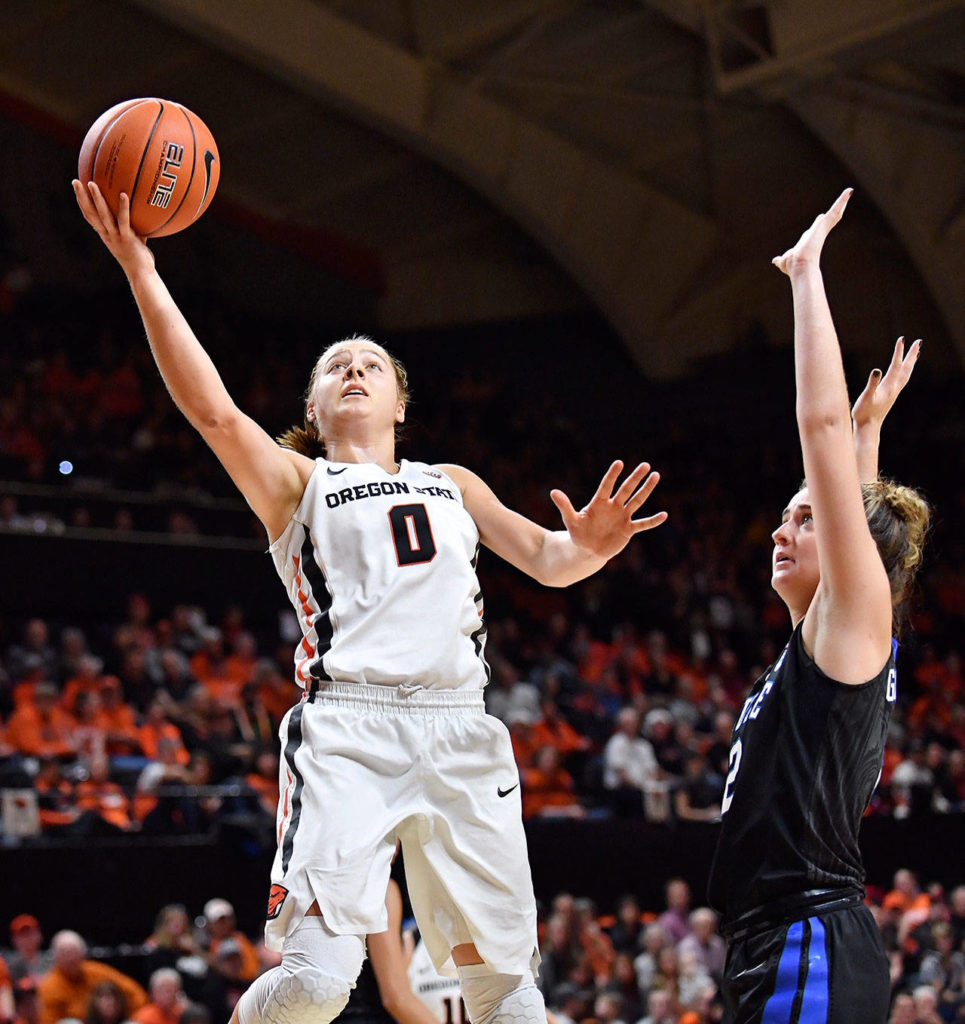 Lynnwood High School graduate Mikayla Pivec is a starting guard for the 12th-ranked Oregon State women’s basketball team. (Scobel Wiggins photo)
